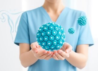 Ιατρική απεικόνιση HPV ιού με αφηρημένα στοιχεία, καθαρό και σύγχρονο ιατρικό περιβάλλον