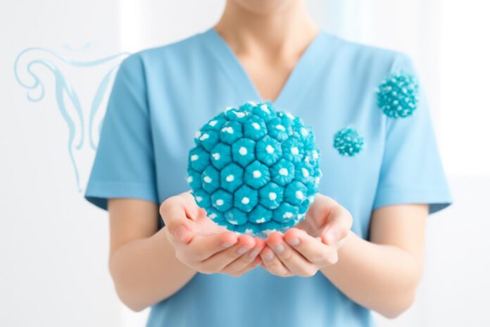Η Διαφορική Διάγνωση των HPV Κονδυλωμάτων: Τι Πρέπει να Γνωρίζετε Ιατρική απεικόνιση HPV ιού με αφηρημένα στοιχεία, καθαρό και σύγχρονο ιατρικό περιβάλλον