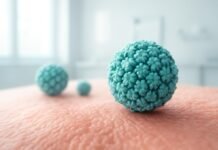 Ιατρικό εξώφυλλο με αφηρημένα στοιχεία HPV ιού και δερματολογικά μοτίβα σε φωτεινό ιατρικό περιβάλλον