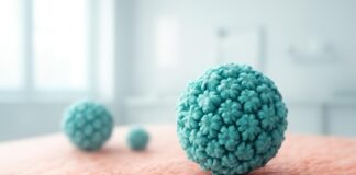 Ιατρικό εξώφυλλο με αφηρημένα στοιχεία HPV ιού και δερματολογικά μοτίβα σε φωτεινό ιατρικό περιβάλλον