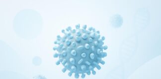 Ιατρικό εξώφυλλο HPV κονδυλωμάτων με αφηρημένα στοιχεία ιού σε φωτεινό ιατρικό περιβάλλον
