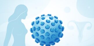 Abstract medical visualization of HPV virus with dermatological and gynecological elements in bright medical setting