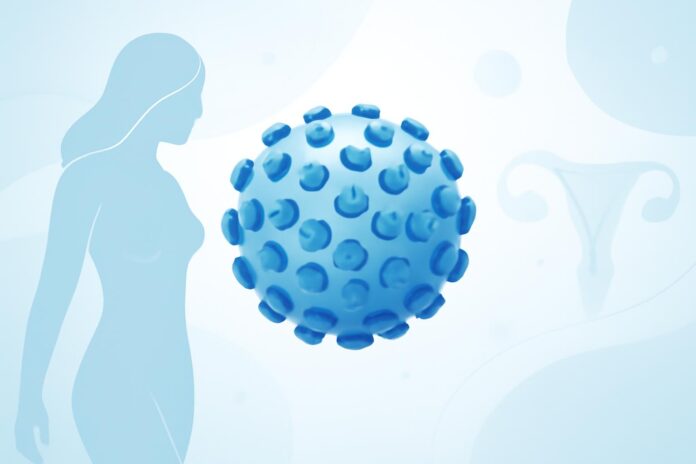 Abstract medical visualization of HPV virus with dermatological and gynecological elements in bright medical setting