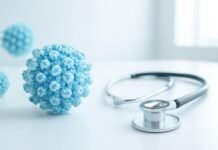 Η Εξατομικευμένη Προσέγγιση στη Διάγνωση των HPV Κονδυλωμάτων: Ο Ρόλος της Ιατρικής Εξέτασης Αφηρημένη απεικόνιση του ιού HPV με ιατρικό, φωτεινό φόντο, δερματολογική και γυναικολογική αισθητική