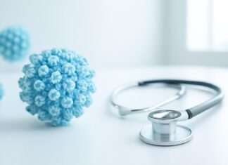 Η Εξατομικευμένη Προσέγγιση στη Διάγνωση των HPV Κονδυλωμάτων: Ο Ρόλος της Ιατρικής Εξέτασης Αφηρημένη απεικόνιση του ιού HPV με ιατρικό, φωτεινό φόντο, δερματολογική και γυναικολογική αισθητική