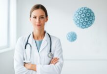 Ιατρικό εξώφυλλο με αφηρημένα στοιχεία ιού HPV και δερματολογική αισθητική σε φωτεινό ιατρικό χώρο