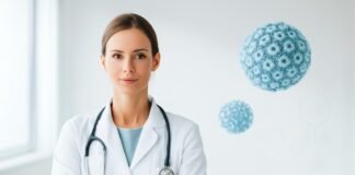 Ιατρικό εξώφυλλο με αφηρημένα στοιχεία ιού HPV και δερματολογική αισθητική σε φωτεινό ιατρικό χώρο