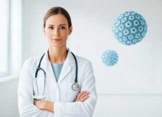 Ιατρικό εξώφυλλο με αφηρημένα στοιχεία ιού HPV και δερματολογική αισθητική σε φωτεινό ιατρικό χώρο