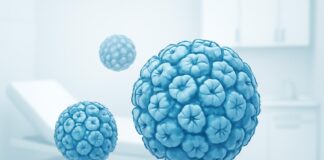 Ιατρική εικονογράφηση του ιού HPV με αφηρημένα στοιχεία σε φωτεινό κλινικό περιβάλλον