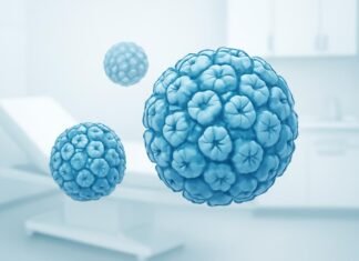 Η Νεότερη Μοριακή Διάγνωση στα HPV Κονδυλώματα: Ακριβής Εξατομίκευση για Βέλτιστα Αποτελέσματα Ιατρική εικονογράφηση του ιού HPV με αφηρημένα στοιχεία σε φωτεινό κλινικό περιβάλλον