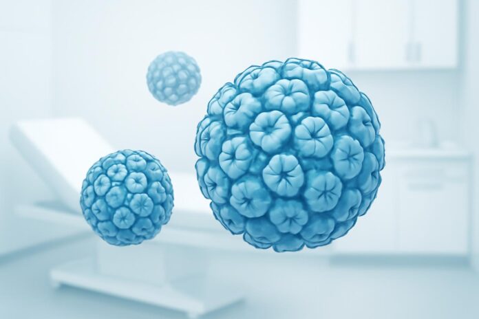 Η Νεότερη Μοριακή Διάγνωση στα HPV Κονδυλώματα: Ακριβής Εξατομίκευση για Βέλτιστα Αποτελέσματα Ιατρική εικονογράφηση του ιού HPV με αφηρημένα στοιχεία σε φωτεινό κλινικό περιβάλλον