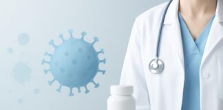 Αφηρημένη επιστημονική απεικόνιση του ιού HPV σε φωτεινό ιατρικό περιβάλλον
