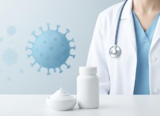Η Προληπτική Αξία της Τακτικής Ιατρικής Εξέτασης για τα HPV Κονδυλώματα Αφηρημένη επιστημονική απεικόνιση του ιού HPV σε φωτεινό ιατρικό περιβάλλον