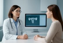 Ιατρός γυναικολόγος με ασθενή κατά τη διάρκεια ψηφιακής γυναικολογικής εξέτασης