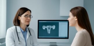 Ιατρός γυναικολόγος με ασθενή κατά τη διάρκεια ψηφιακής γυναικολογικής εξέτασης