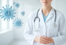 Ιατρικό εξώφυλλο με αφηρημένα στοιχεία ιού HPV σε καθαρό και φωτεινό ιατρικό περιβάλλον