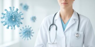 Ιατρικό εξώφυλλο με αφηρημένα στοιχεία ιού HPV σε καθαρό και φωτεινό ιατρικό περιβάλλον