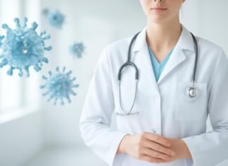 Η Σημασία της Αξιολόγησης Λοιμώξεων σε Ασθενείς με HPV Κονδυλώματα Ιατρικό εξώφυλλο με αφηρημένα στοιχεία ιού HPV σε καθαρό και φωτεινό ιατρικό περιβάλλον