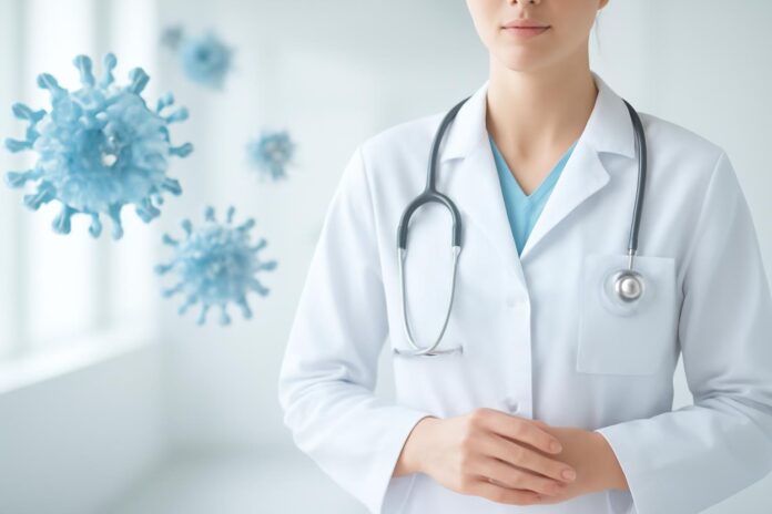 Ιατρικό εξώφυλλο με αφηρημένα στοιχεία ιού HPV σε καθαρό και φωτεινό ιατρικό περιβάλλον