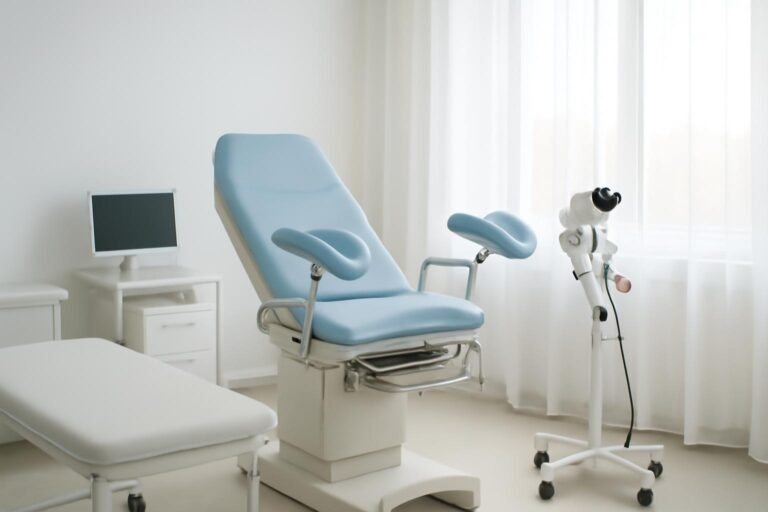 Σύγχρονο γυναικολογικό ιατρείο με ιατρικό εξοπλισμό υψηλής τεχνολογίας σε φωτεινό περιβάλλον, συμβολίζοντας την εξειδικευμένη γυναικολογική αξιολόγηση εταιρικού ιατρείου