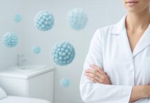 Αφηρημένα στοιχεία HPV ιού με δερματολογική αισθητική σε φωτεινό ιατρικό περιβάλλον