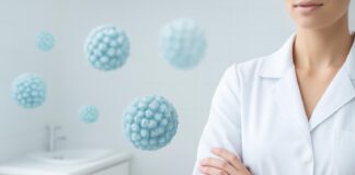Αφηρημένα στοιχεία HPV ιού με δερματολογική αισθητική σε φωτεινό ιατρικό περιβάλλον