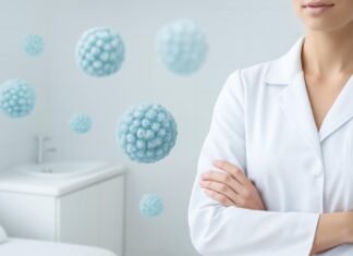 Αφηρημένα στοιχεία HPV ιού με δερματολογική αισθητική σε φωτεινό ιατρικό περιβάλλον
