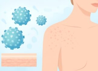 Η σημασία της διαφορικής διάγνωσης στα HPV κονδυλώματα Αφηρημένη σύγχρονη ιατρική απεικόνιση του ιού HPV και δερματολογικά μοτίβα σε φωτεινό ιατρικό περιβάλλον