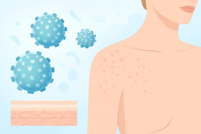 Η σημασία της διαφορικής διάγνωσης στα HPV κονδυλώματα Αφηρημένη σύγχρονη ιατρική απεικόνιση του ιού HPV και δερματολογικά μοτίβα σε φωτεινό ιατρικό περιβάλλον