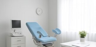 Σύγχρονο φωτεινό γυναικολογικό ιατρείο με ιατρικό εξοπλισμό και χώρο συμβουλευτικής, χωρίς ανθρώπους