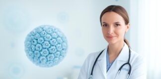 Επιστημονική απεικόνιση του HPV ιού με ιατρικά αφηρημένα στοιχεία σε φωτεινό ιατρικό περιβάλλον