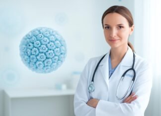 Επιστημονική απεικόνιση του HPV ιού με ιατρικά αφηρημένα στοιχεία σε φωτεινό ιατρικό περιβάλλον