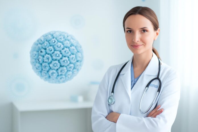 Επιστημονική απεικόνιση του HPV ιού με ιατρικά αφηρημένα στοιχεία σε φωτεινό ιατρικό περιβάλλον