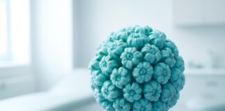 Αφηρημένη απεικόνιση ιού HPV σε σύγχρονο ιατρικό φόντο με δερματολογική και γυναικολογική αισθητική, φωτεινό και καθαρό περιβάλλον