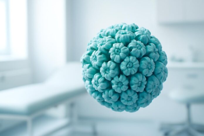 Αφηρημένη απεικόνιση ιού HPV σε σύγχρονο ιατρικό φόντο με δερματολογική και γυναικολογική αισθητική, φωτεινό και καθαρό περιβάλλον