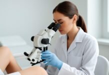 Η Σημασία της Εξειδικευμένης Κολποσκόπησης στην Αντιμετώπιση των Κονδυλωμάτων HPV στη Γυναίκα Εξέταση κολποσκόπησης από γυναικολόγο σε κλινικό περιβάλλον με μοντέρνο ιατρικό εξοπλισμό, αναπαράσταση υψηλής ποιότητας