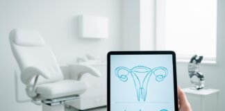 Μοντέρνο γυναικολογικό ιατρείο με ιατρικό εξοπλισμό και tablet σε φωτεινό χώρο, σύμβολο εξειδικευμένης ιατρικής συμβουλευτικής και δεύτερης γνώμης για HPV και κονδυλώματα στη γυναίκα