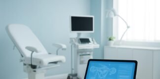 Εσωτερικό σύγχρονου γυναικολογικού ιατρείου με ψηφιακό εξοπλισμό και καθαρό, φωτεινό χώρο υποδοχής