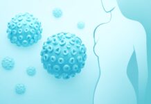 Αφηρημένα στοιχεία ιού HPV σε ιατρικό φωτεινό περιβάλλον για ενημερωτικό άρθρο