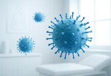 Αφηρημένη ιατρική εικόνα ιών HPV σε φωτεινό ιατρικό περιβάλλον