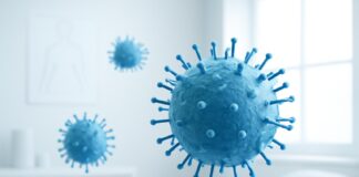 Αφηρημένη ιατρική εικόνα ιών HPV σε φωτεινό ιατρικό περιβάλλον