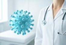 Η σημασία της πρόληψης μετά τη θεραπεία των HPV κονδυλωμάτων Αφηρημένη εικόνα ιού HPV με ιατρικό φόντο σε φωτεινό δωμάτιο