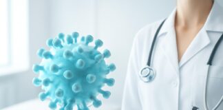 Αφηρημένη εικόνα ιού HPV με ιατρικό φόντο σε φωτεινό δωμάτιο