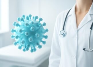Η σημασία της πρόληψης μετά τη θεραπεία των HPV κονδυλωμάτων Αφηρημένη εικόνα ιού HPV με ιατρικό φόντο σε φωτεινό δωμάτιο