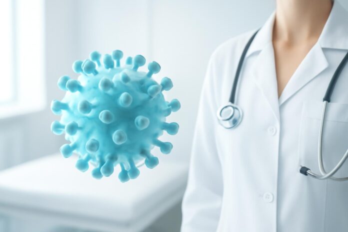Αφηρημένη εικόνα ιού HPV με ιατρικό φόντο σε φωτεινό δωμάτιο