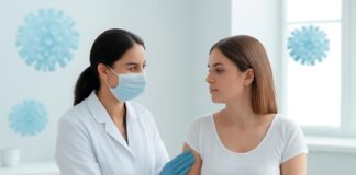 Επιστημονικό εξώφυλλο με αφηρημένα στοιχεία ιού HPV σε φωτεινό ιατρικό περιβάλλον