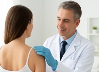Δρ. Ιωάννης Δημητρακόπουλος εξετάζει επιδερμίδα ασθενούς για HPV κονδυλώματα