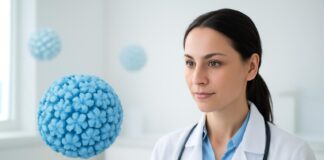 Medical cover image with abstract HPV virus and bright clinical environment