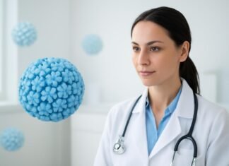 Η Σημασία της Υγιεινής Προσωπικής Φροντίδας για την Πρόληψη των HPV Κονδυλωμάτων Medical cover image with abstract HPV virus and bright clinical environment