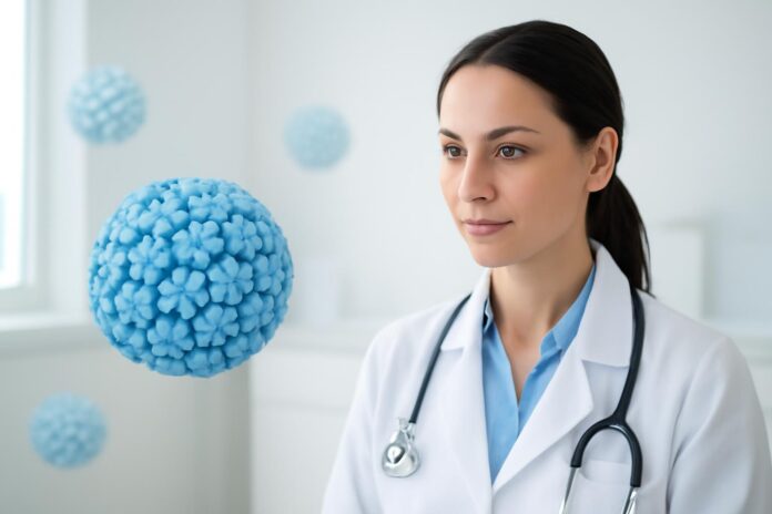 Medical cover image with abstract HPV virus and bright clinical environment